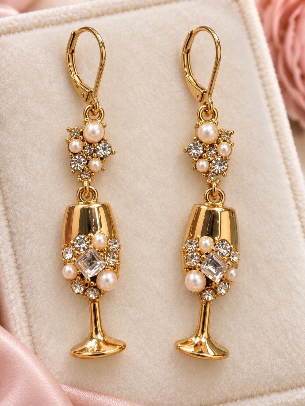 Crown & Ivy x Sewing Down South Gold Wine Glass Pearl Rhinestone Earrings